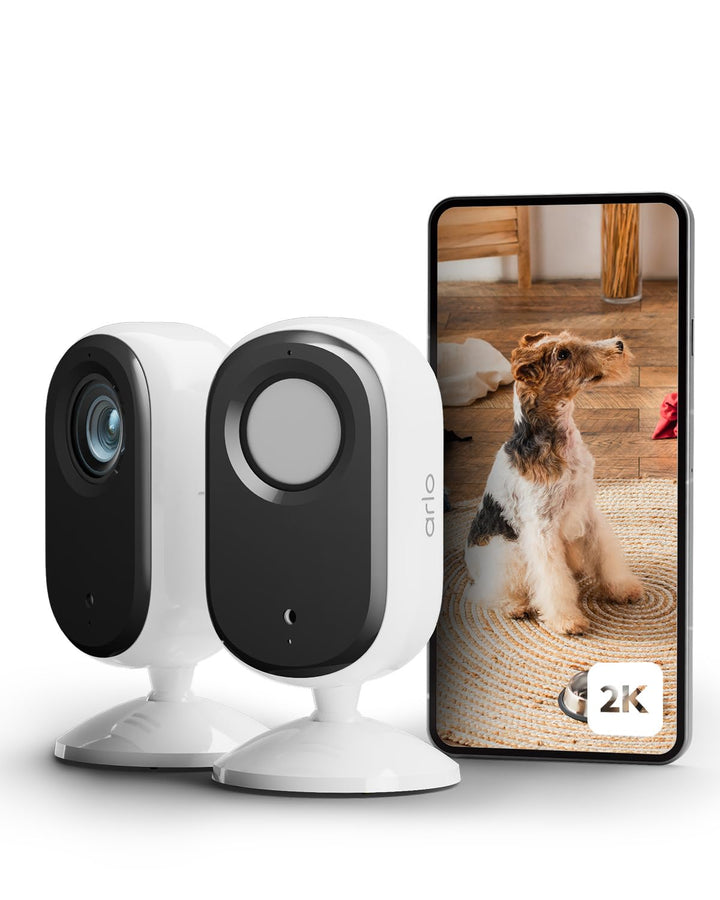 Arlo Indoor Überwachungskamera Innen, 2er Set, 2K HD Video, 2-Wege-Audio, Bewegungsmelder, Kabelgebu