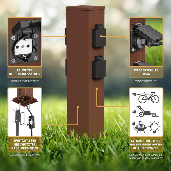 ledscom.de Garten-Steckdosen-Säule Polly mit Erdspiess und 2m Kabel für aussen, IP44, 4-Fach, braun,