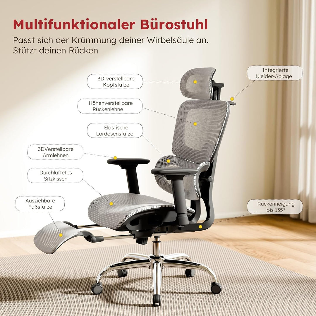 Ergonomischer Bürostuhl Voll-Mesh mit Abnehmbarem Kissen, Fussstütze, Höhenverstellbarem Rückenlehne
