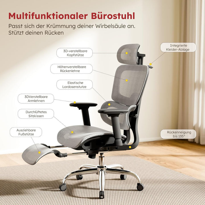Ergonomischer Bürostuhl Voll-Mesh mit Abnehmbarem Kissen, Fussstütze, Höhenverstellbarem Rückenlehne