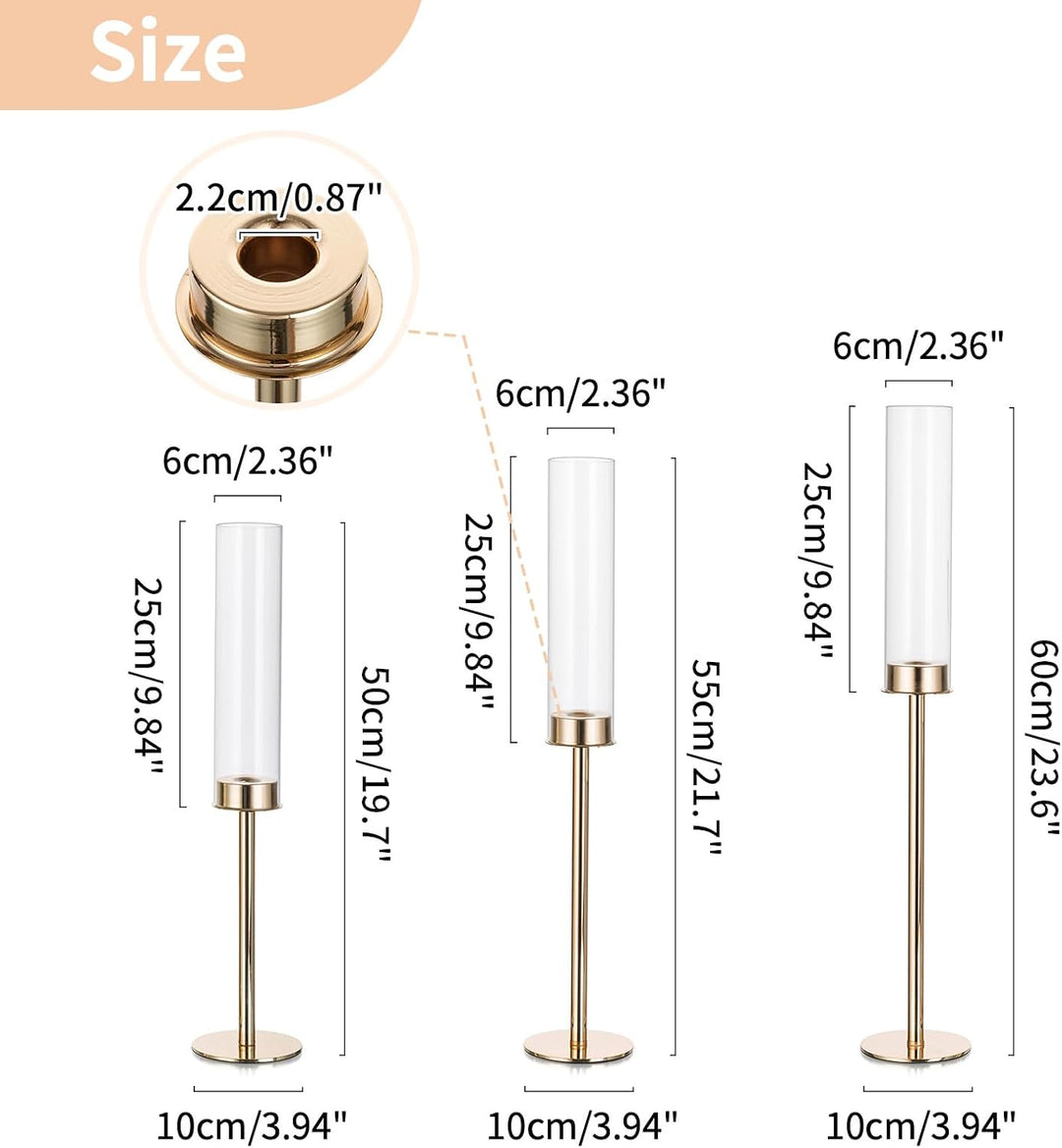 Nuptio Glaszylinder für Kerzen Kerzenhalter Gold: 60 & 55 & 50cm Gross Klarglas Metall Kerzenständer