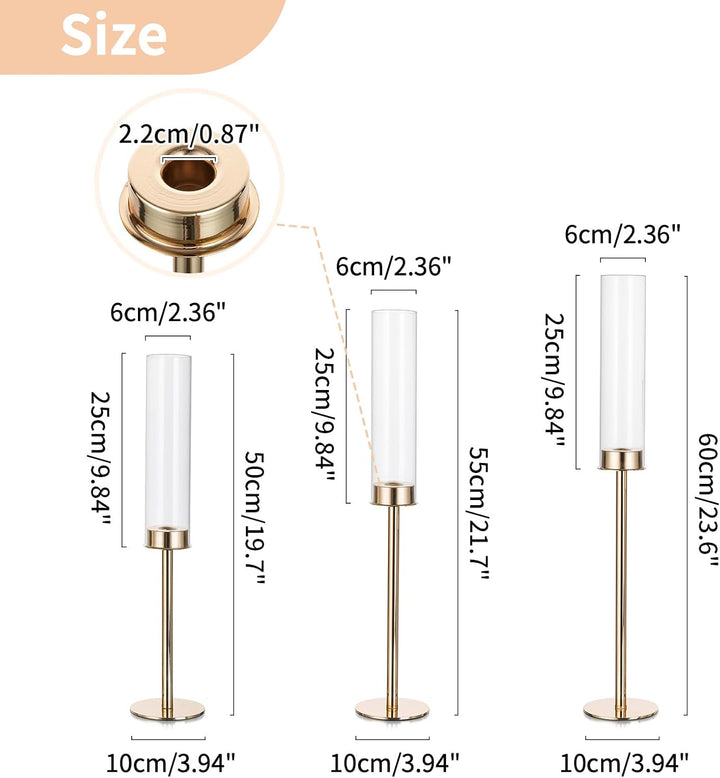 Nuptio Glaszylinder für Kerzen Kerzenhalter Gold: 60 & 55 & 50cm Gross Klarglas Metall Kerzenständer