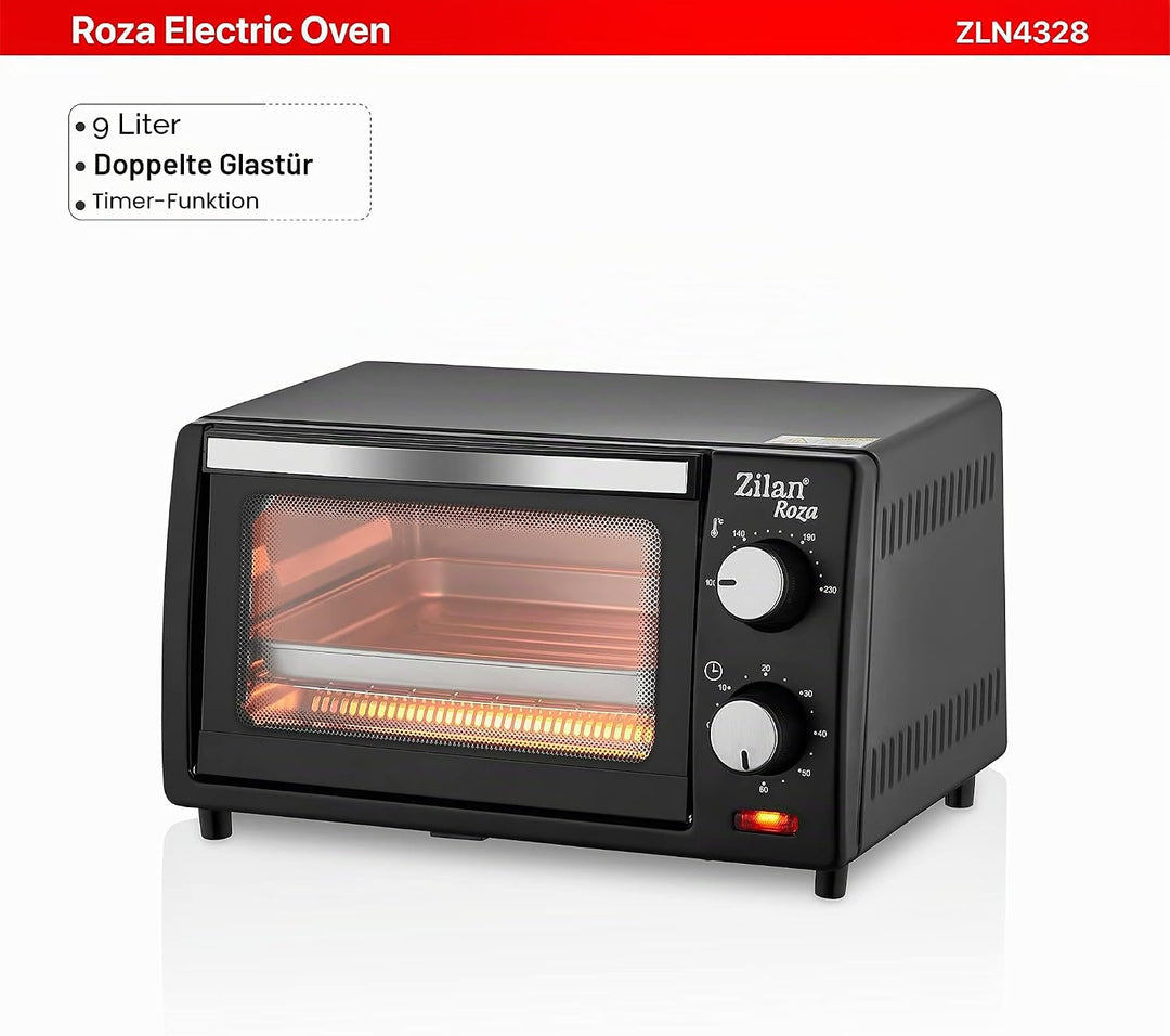 Zilan Elektro-Backofen, 9 l, Doppel-Sicherheitsglas, Timer, 2-teilig, Quarzwiderstand, Krümelplatte,