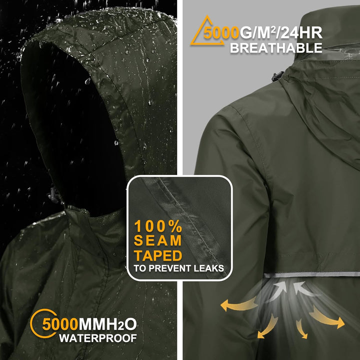 Outdoor Ventures Herren Regenjacke Wasserdichter Pullover mit Kapuze Packbare Reflektierende Jacke L