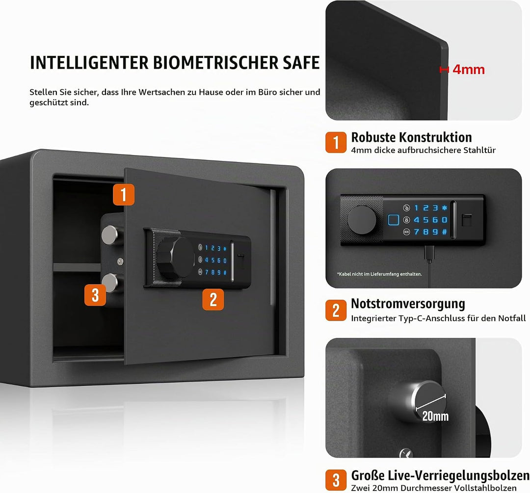 RPNB Biometrischer Tresor, Hintergrundbeleuchtete Touchpad, Kleiner Tresor für Zuhause mit Notfall-U