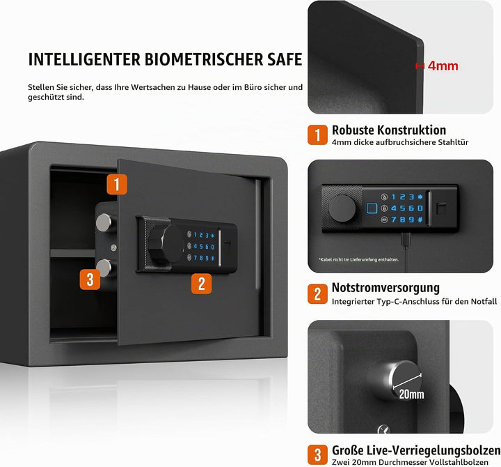 RPNB Biometrischer Tresor, Hintergrundbeleuchtete Touchpad, Kleiner Tresor für Zuhause mit Notfall-U
