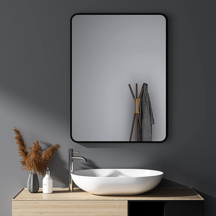 Wandspiegel gross Schwarz 60x80 cm Spiegel Rechteckiger Abgerundete Ecken Wandmontage Edelstahl Kosm