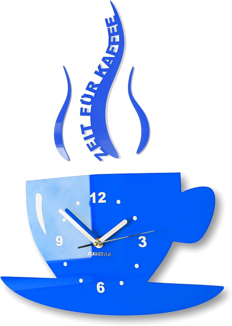 FLEXISTYLE Tasse Zeit für Kaffee Moderne Küche Wanduhr, 3D römisch, wanduhr deko (blau), Blau