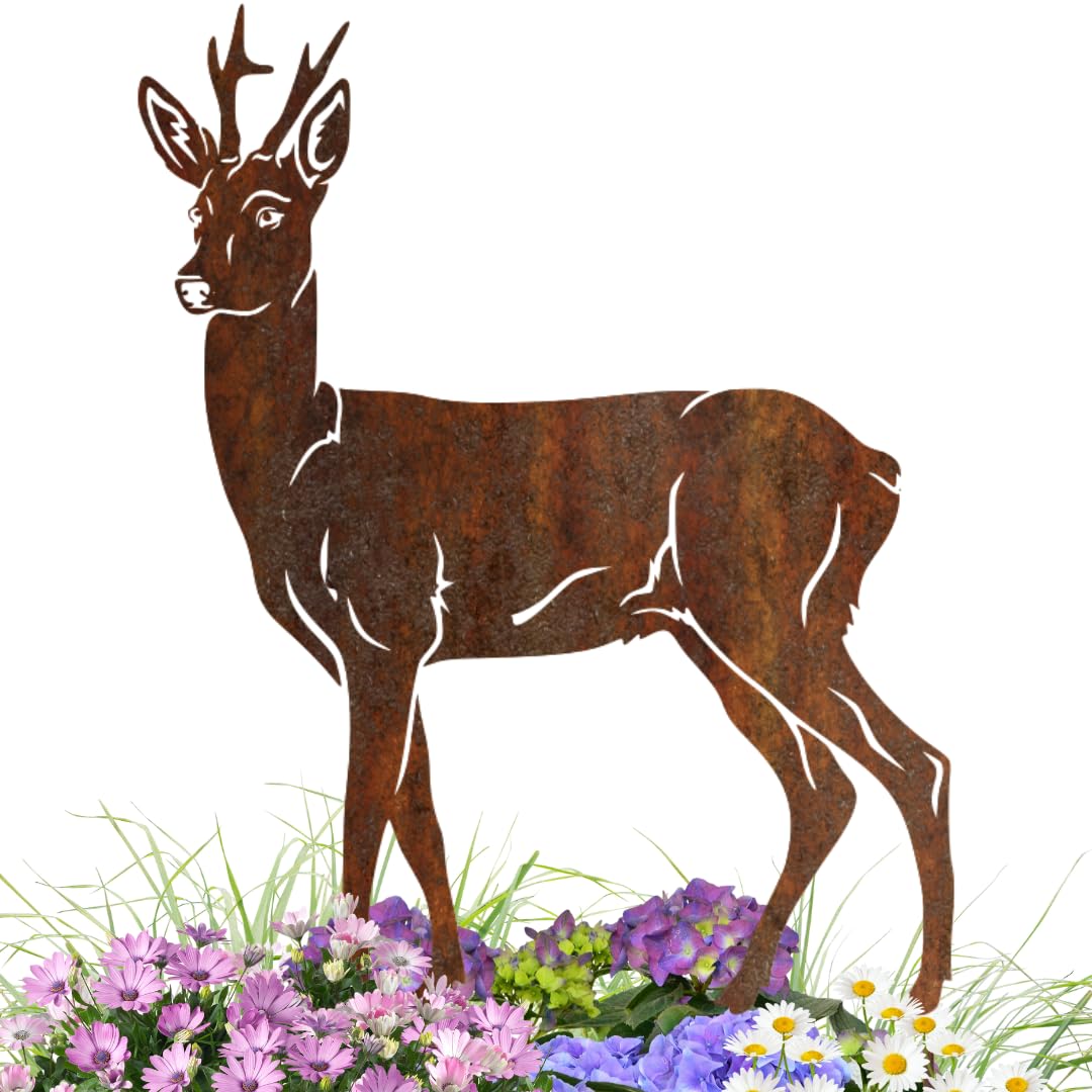 Terma Rehbock Gartenstecker aus Metall – Rostfigur Wildtier 45 cm – Edelrost Gartendeko für Naturfre