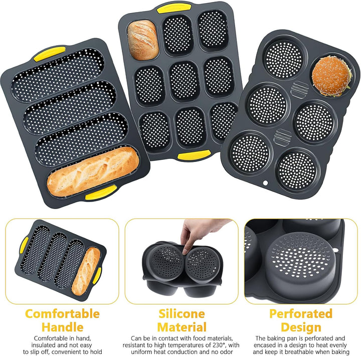 5er Silikon Backformen, 4 6 9 Mulden Burgerform Hot Dog Brötchenform Baguetteform Muffinform mit Tei
