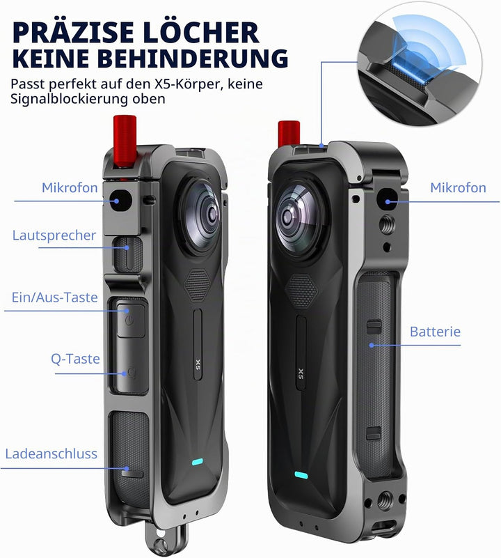 Metall-Schutzgehäuse für Insta360 X5, Schutzrahmen Case Cage Aluminiumrahmen mit Silikon-Objektivsch