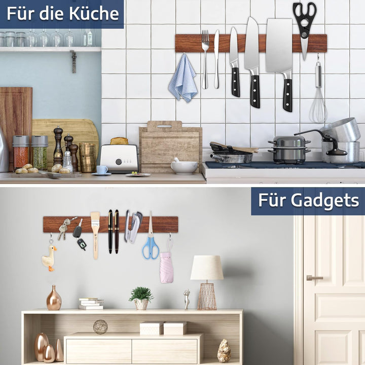 Dmore 40 cm Magnetleiste Messer mit 2 Haken, Messerhalter magnetisch aus Walnuss ohne Bohren, leistu