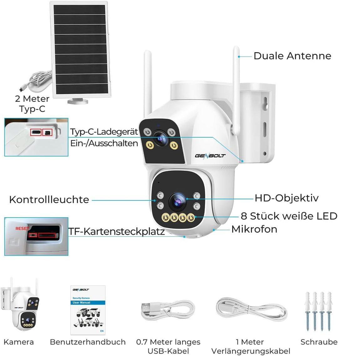GENBOLT 2.5K AOV Solar Überwachungskamera Aussen WLAN Kabellose, 7/24-Aufzeichnung 3MP+3MP IP Kamera