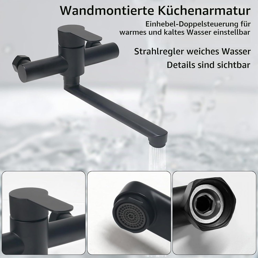Wasserhahn Wandmontage 360° Drehbar Wasserhahn Küche Schwarz Mischbatterie Küche Kalt und Heiss Einh
