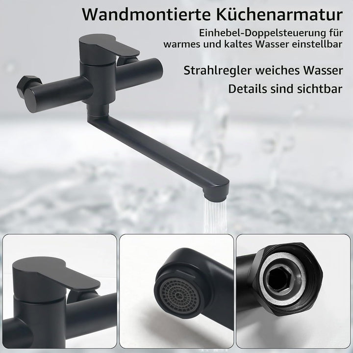 Wasserhahn Wandmontage 360° Drehbar Wasserhahn Küche Schwarz Mischbatterie Küche Kalt und Heiss Einh
