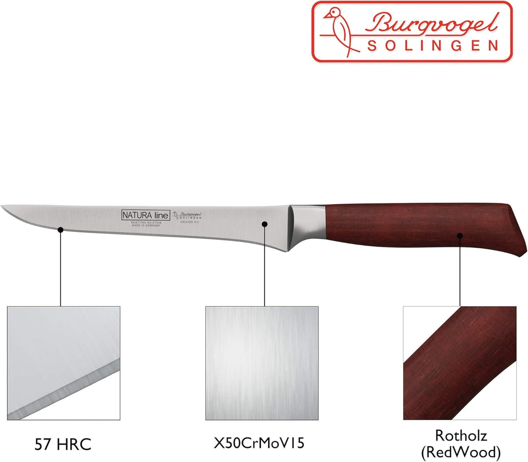 Burgvogel Solingen Natura Line, Ausbeinmesser Holzgriff, rot satiniert, geschmiedet, 15 cm, rostfrei