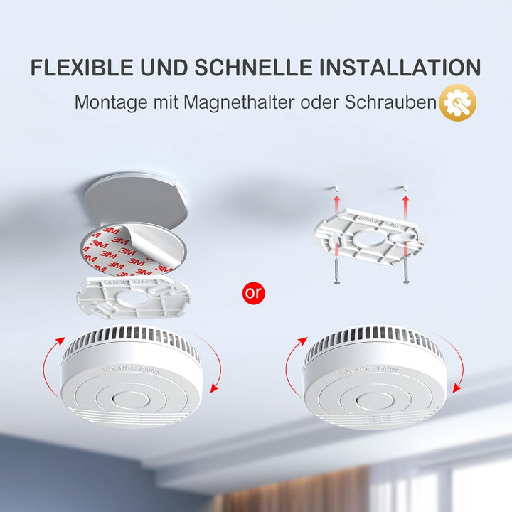 Rauchmelder Batterie Austauschbar 10 Jahre Rauch Sensor Rauchwarnmelder Set mit Magnethalterung DIN