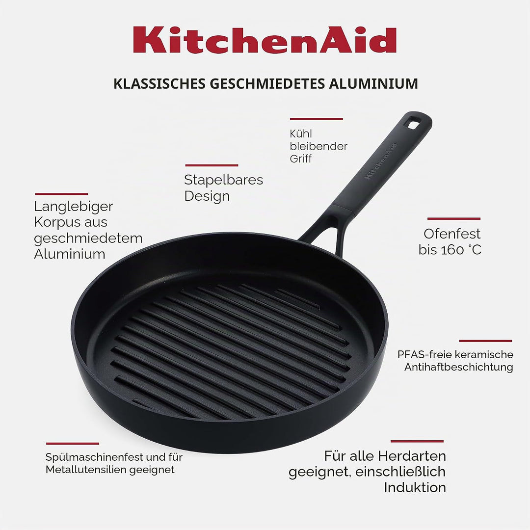 Kitchenaid Grillpfanne 28 cm - Classic - Extra Robuste Antihaftbeschichtung, Aluminium, Induktion, B