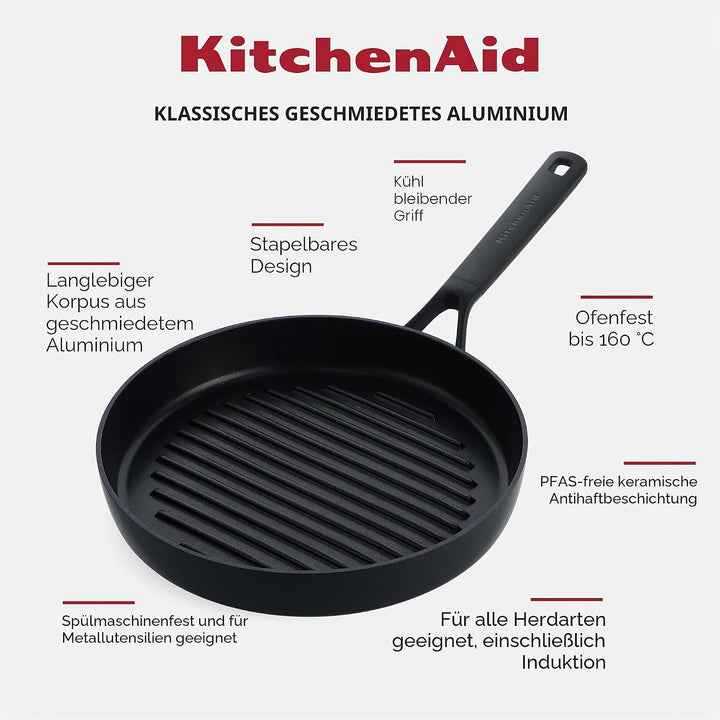 Kitchenaid Grillpfanne 28 cm - Classic - Extra Robuste Antihaftbeschichtung, Aluminium, Induktion, B