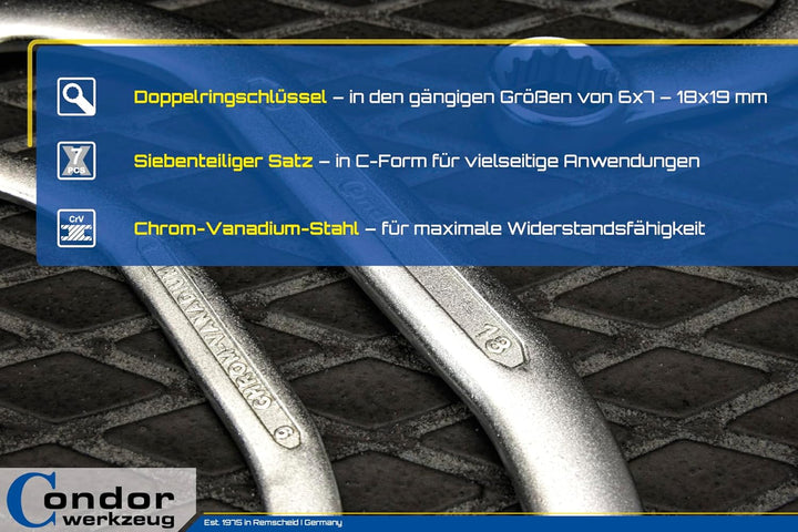 CONDOR Werkzeug 4404 | Starter- und Blockschlüssel-Satz | 7-tlg. | 6x7-18x19 mm | Chrom-Vanadium-Sta