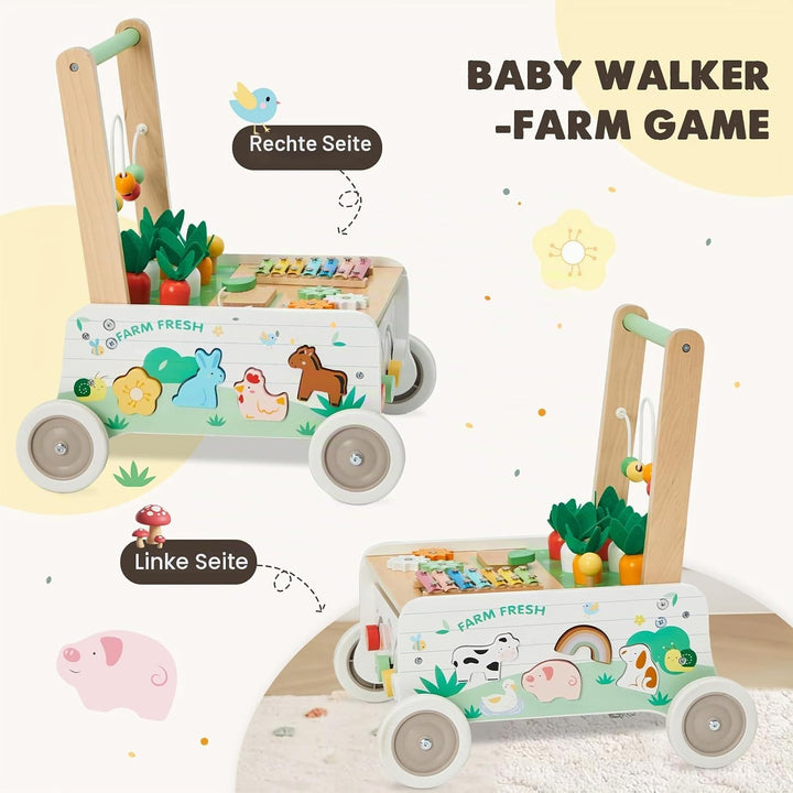 Labebe Lauflernwagen Holz,Baby Lauflernhilfe mit gummierten Holzrädern und Activity Center, Gehfrei