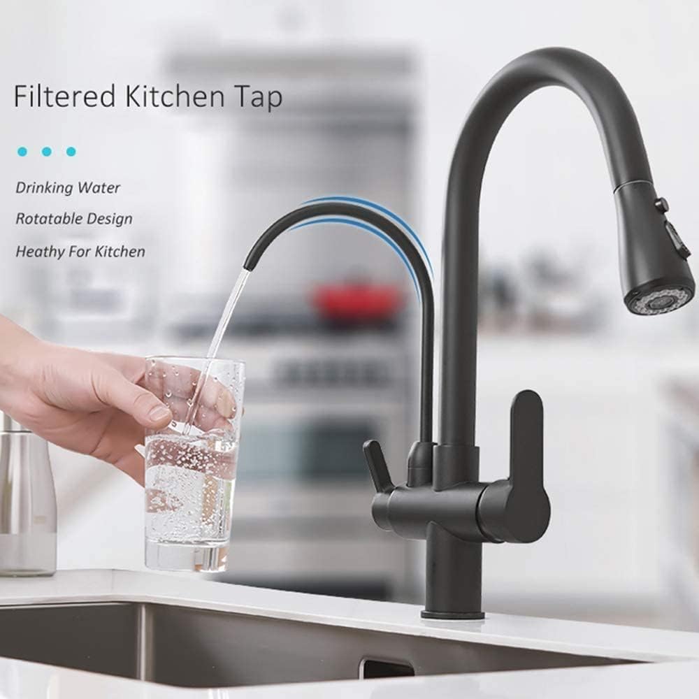 Onyzpily Wasserhahn Küche Schwarz Reines Wasser Küchenarmatur mit ausziehbar Doppelgriff Heisses und