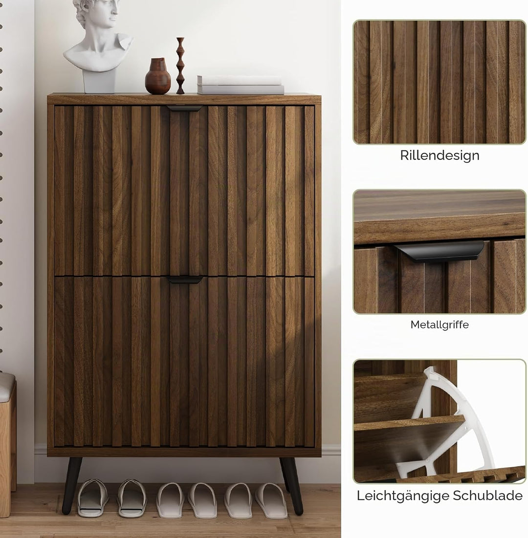 Smuxee Schuhschrank mit 2 Klappschubladen, 23,6 Zoll (60 cm) Nussbaum Holz Schuhschrank mit geriffel