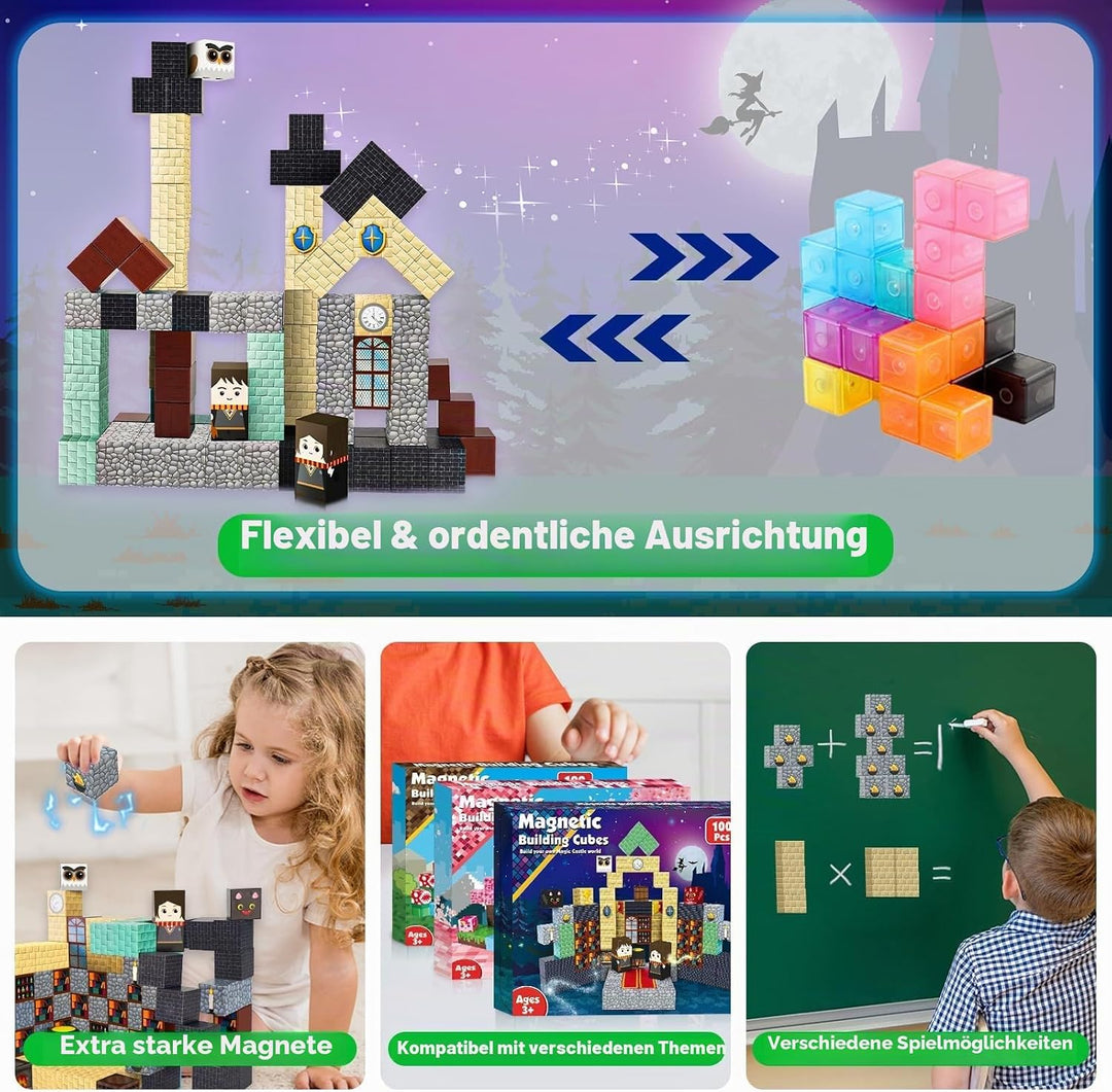 Magnetische Bausteine, 100PCS Magnetspielzeug Kinder Jungen Mädchen, 3D Zauberschloss Würfel Konstru