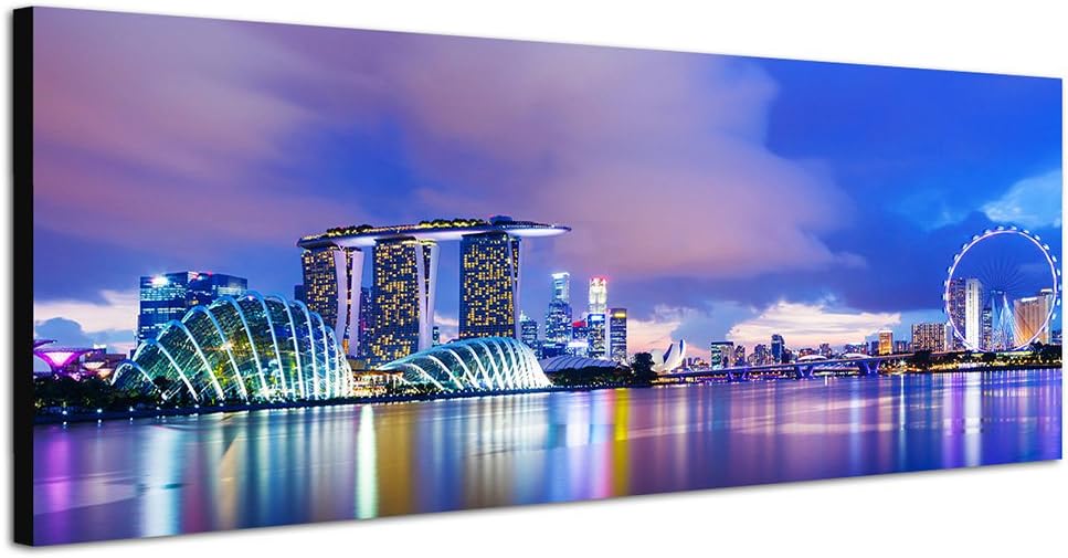 Paul Sinus Art Panoramabild auf Leinwand und Keilrahmen 150x50cm Singapur Skyline Meer Abend Spiegel
