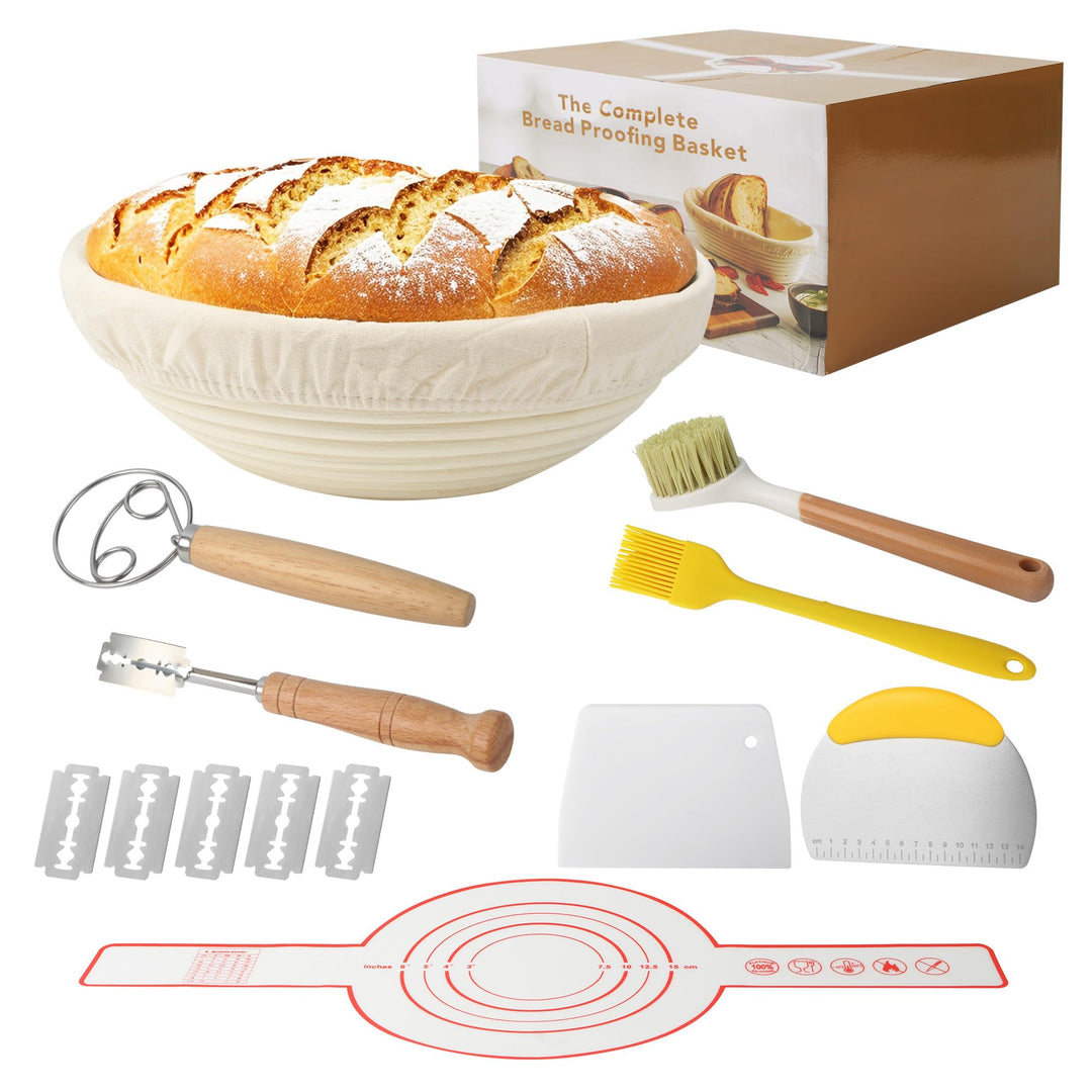10 Stück Gärkorb Brot Set, 23 cm Gärkorb Rund,Gärkörbchen zum Brotbacken,Handgeflochtener Fermentier