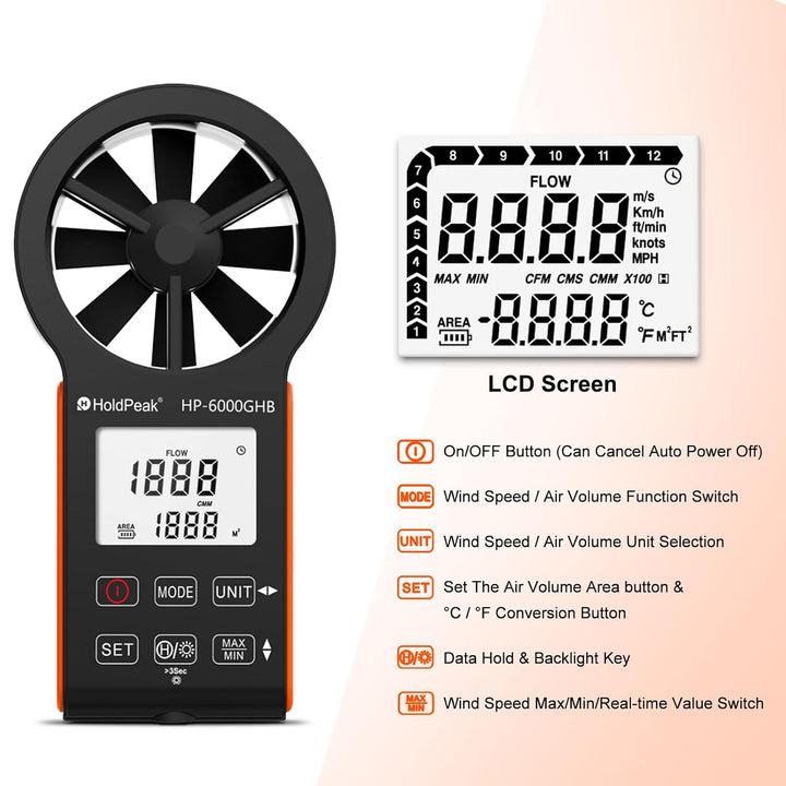 HOLDPEAK Anemometer HP-6000GHB Digitales Anemometer – Windgeschwindigkeits- und Luftstrommesser, Tem