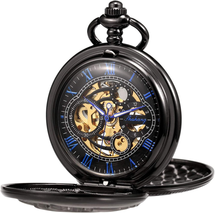 TREEWETO Fullmetal Alchemist Skeleton Steampunk Taschenuhr Mechanische Doppelabdeckung Taschenuhr mi