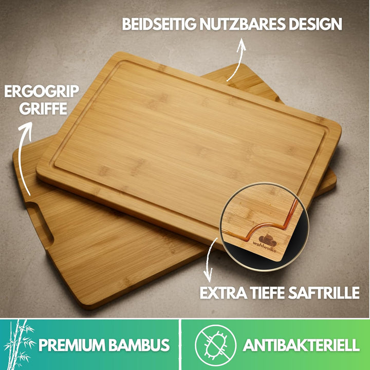WOHLWOLKE Schneidebrett Holz 4er Set | Bambus Schneidebretter mit Saftrille & Seitengriff | Holzbret