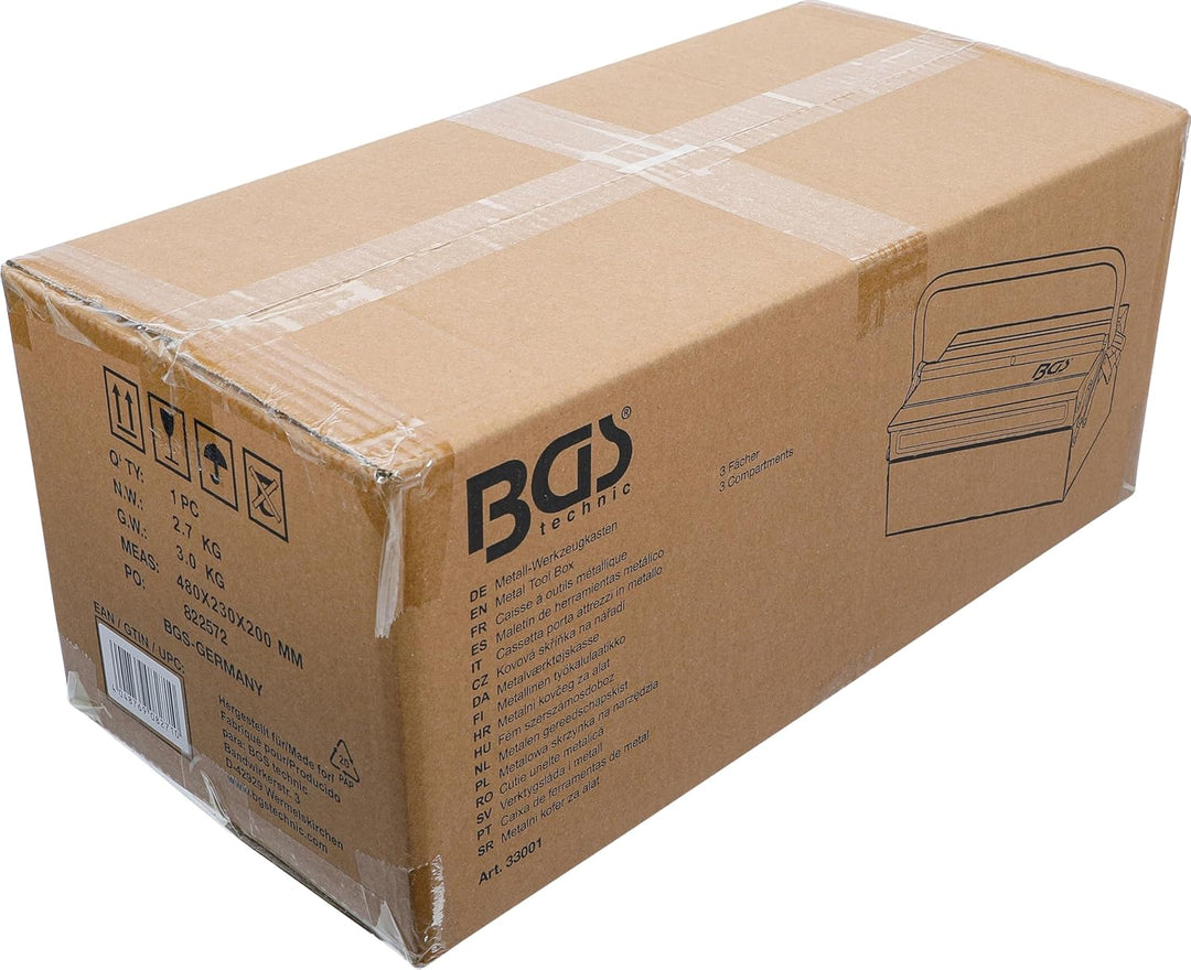 BGS 33001 | Metall-Werkzeugkasten | leer | 420 x 200 x 150 mm | 3 Fächer | Stahlblech leer | 3 Fäche
