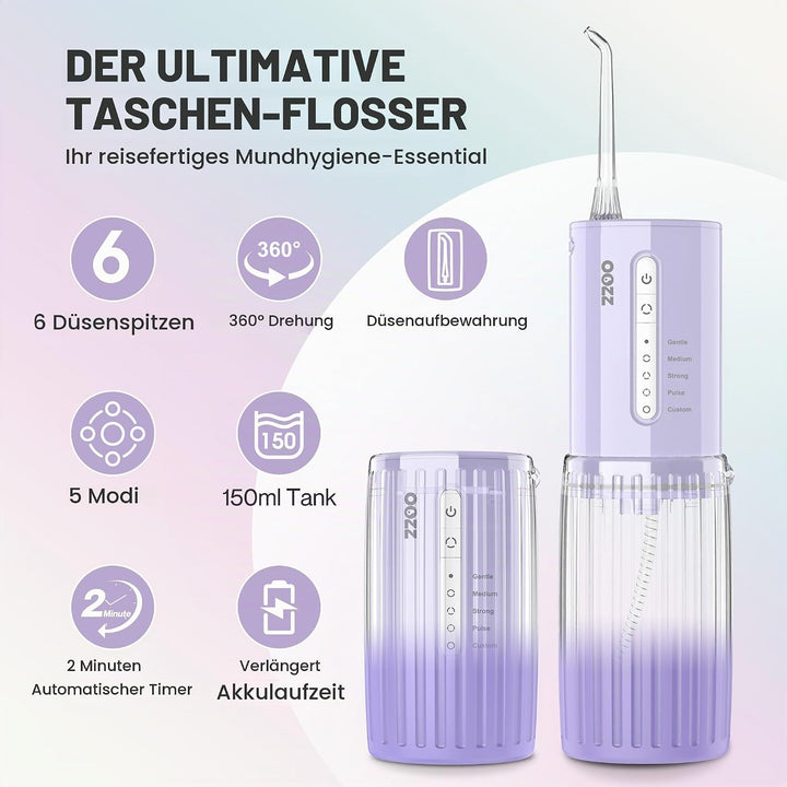 OOZZ Travel Water Flosser, Schnurlose Taschenmunddusche, 5 Druckmodi, 6 Strahlspitzen, USB-wiederauf