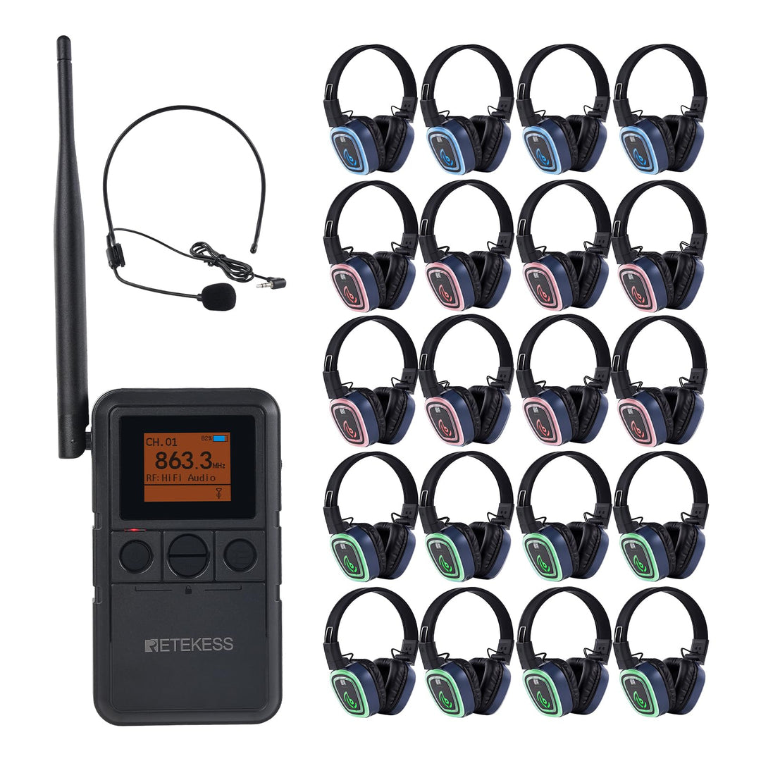 Retekess TA003P Silent Disco Set, Kopfhörer Silent Disco, Freihändige Nutzung, HiFi-Klangqualität, 1