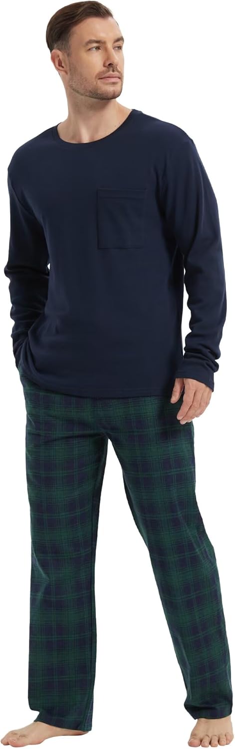 GLOBAL Herren Schlafanzüge Flanell Herren Pyjama Set Baumwolle Langarm-Pullover Oberteil und elastis