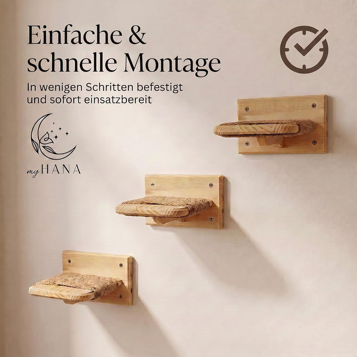 Katzen Wandtreppe aus Massivholz – 3er Set Kletterstufen für Katzen mit Juteseil – Katze Wandmöbel a