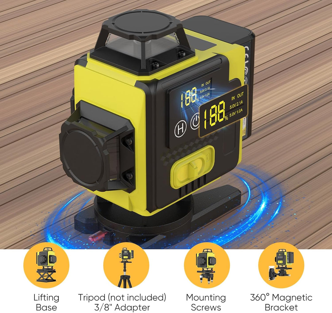 Kreuzlinienlaser 16-Linien, 4x360 Grad Grün Selbstnivellierend Laser Wasserwaage mit 2xBatterien 4D-