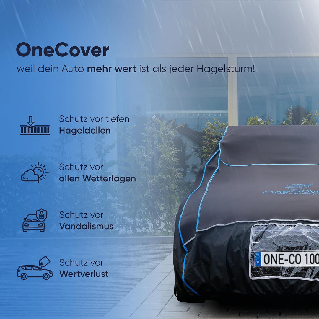 OneCover Premium Hagelschutz Auto Abdeckung – 4 mm Eva Polsterung, Ganzjahresschutz, Sturmfest, Refl