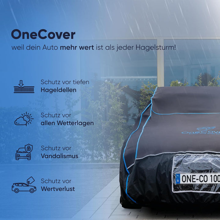 OneCover Premium Hagelschutz Auto Abdeckung – 4 mm Eva Polsterung, Ganzjahresschutz, Sturmfest, Refl