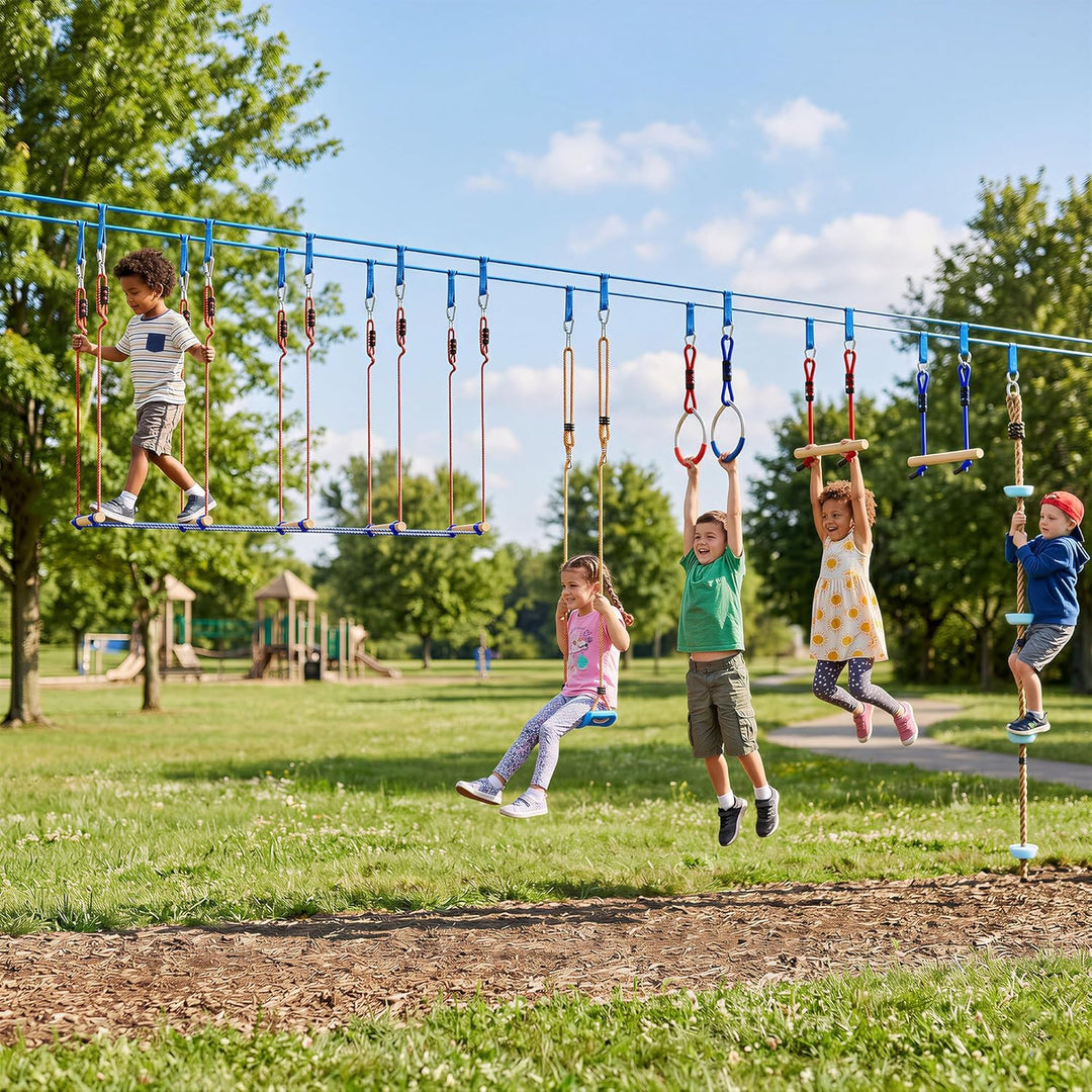 AIYAPLAY Ninja Line Kinder 24 m Slackline Set mit Turnringe 7 Hindernissen Kletterstange Ninja Warri
