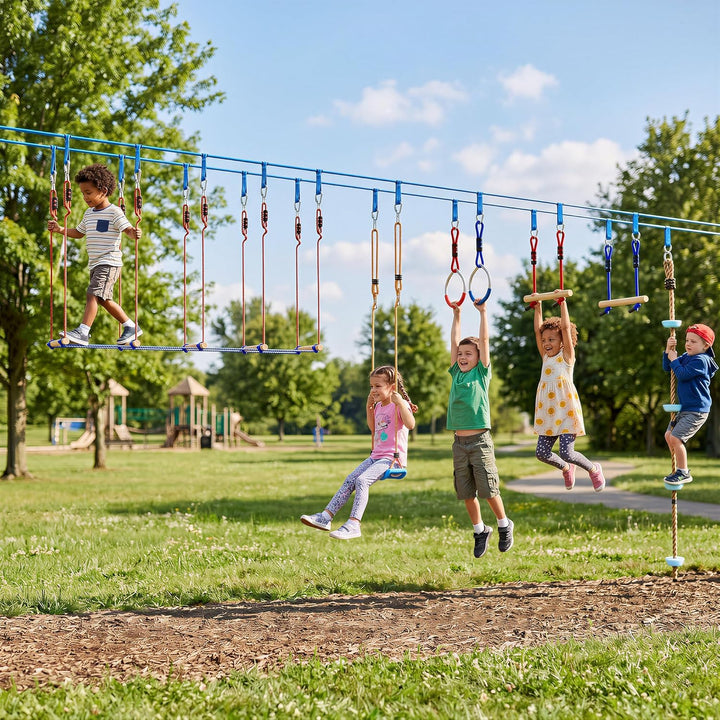 AIYAPLAY Ninja Line Kinder 24 m Slackline Set mit Turnringe 7 Hindernissen Kletterstange Ninja Warri