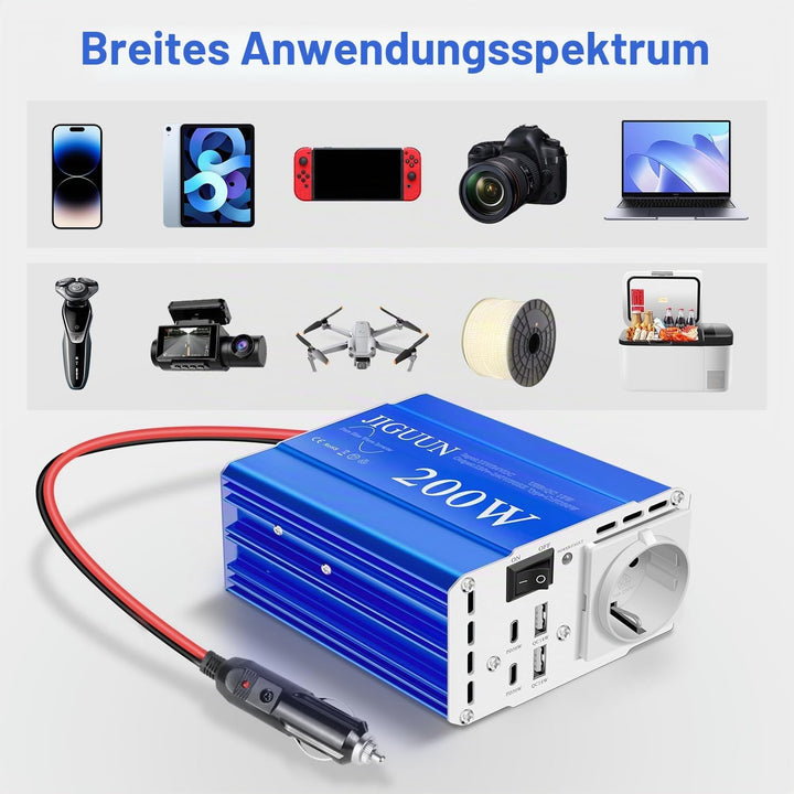 JIGUUN 200W Wechselrichter 12V/24V auf 230V Reiner Sinus Spannungswandler mit EU Steckdose,2 USB,2 T