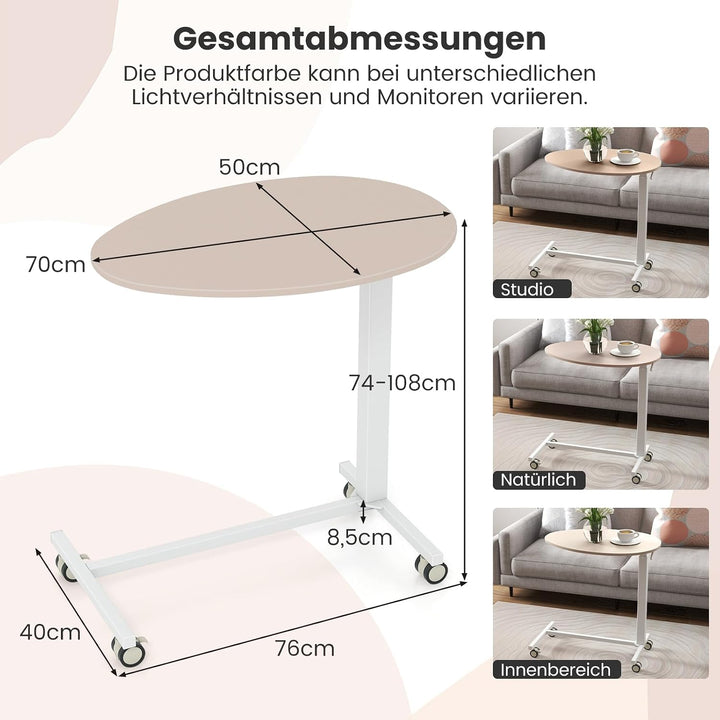 COSTWAY Beistelltisch höhenverstellbar, Laptoptisch mit Rollen 74–108 cm, mobiler Schreibtisch Sofat
