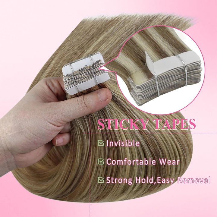 YoungSee Echthaar Extensions Tape Hellbraun 60 cm Tape in Extensions Echthaar Braun Blond Tape in Ex