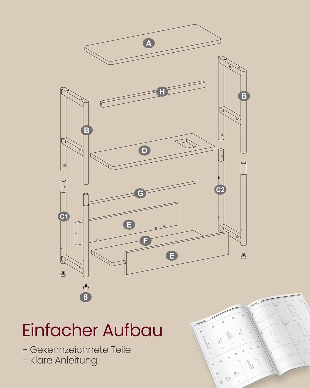 VASAGLE Beistelltisch schmal, Nachttisch mit Ladefunktion, Couchtisch klein, 3 Ablagen, Zeitschrifte