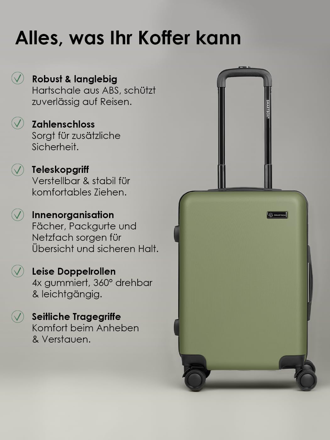 Smartbox Hartschalen Kabinen-Koffer für Damen & Herren | Kleiner Trolley 40 x 23 x 55 cm aus hochwer