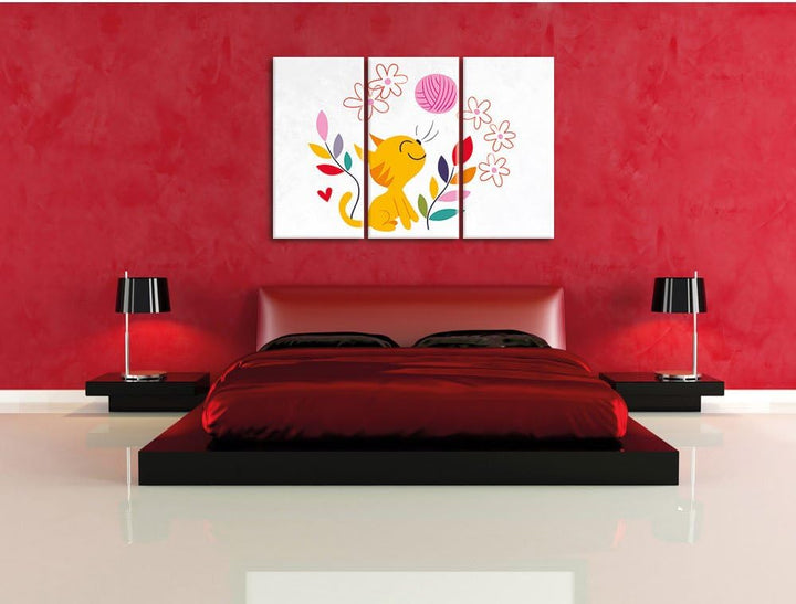 Pixxprint Niedliche Katze mit Wollknäuel weiss 3-Teiler Leinwandbild 120x80 Bild auf Leinwand