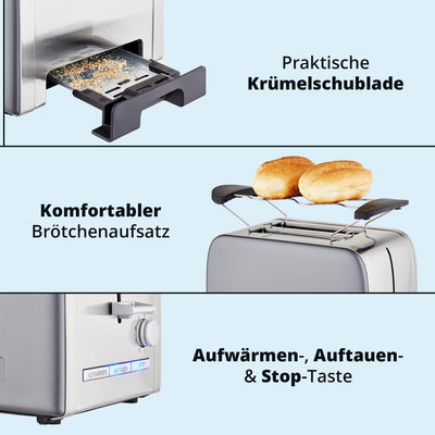 KHG Frühstücksset Wasserkocher & Toaster, Skandi Look Grau Edelstahl, 1,7 Liter & 2 Toast Scheiben,